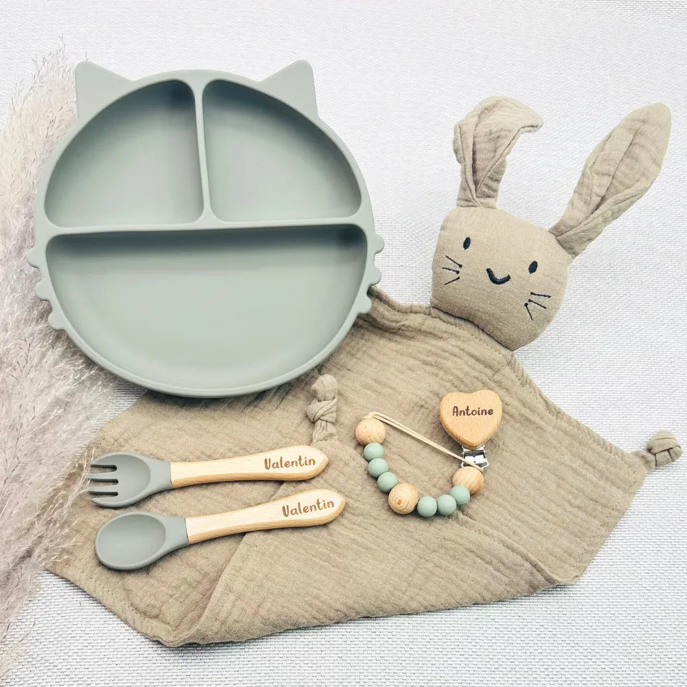 Baby-Crea Coffret repas bébé assiette chat vert olive personnalisé