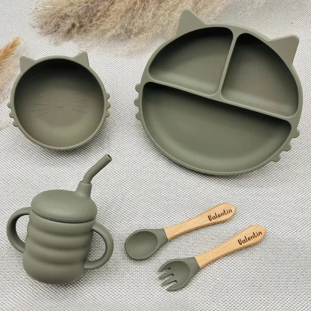 Baby-Crea Coffret repas bébé assiette chat vert olive avec bol tasse couverts