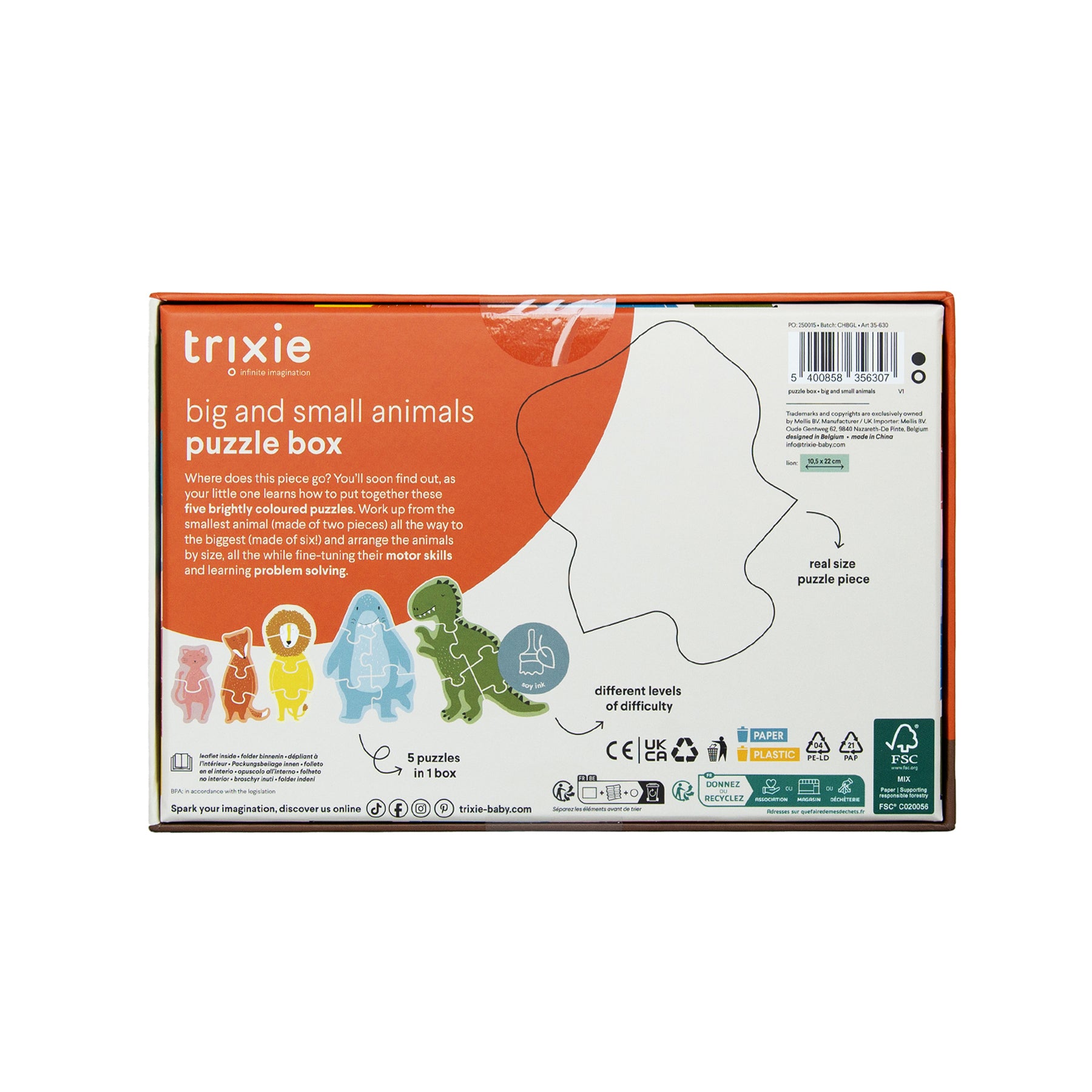 Trixie Baby Jeux, puzzles & livres Boîte à puzzles - petits et grands animaux - 5 puzzles