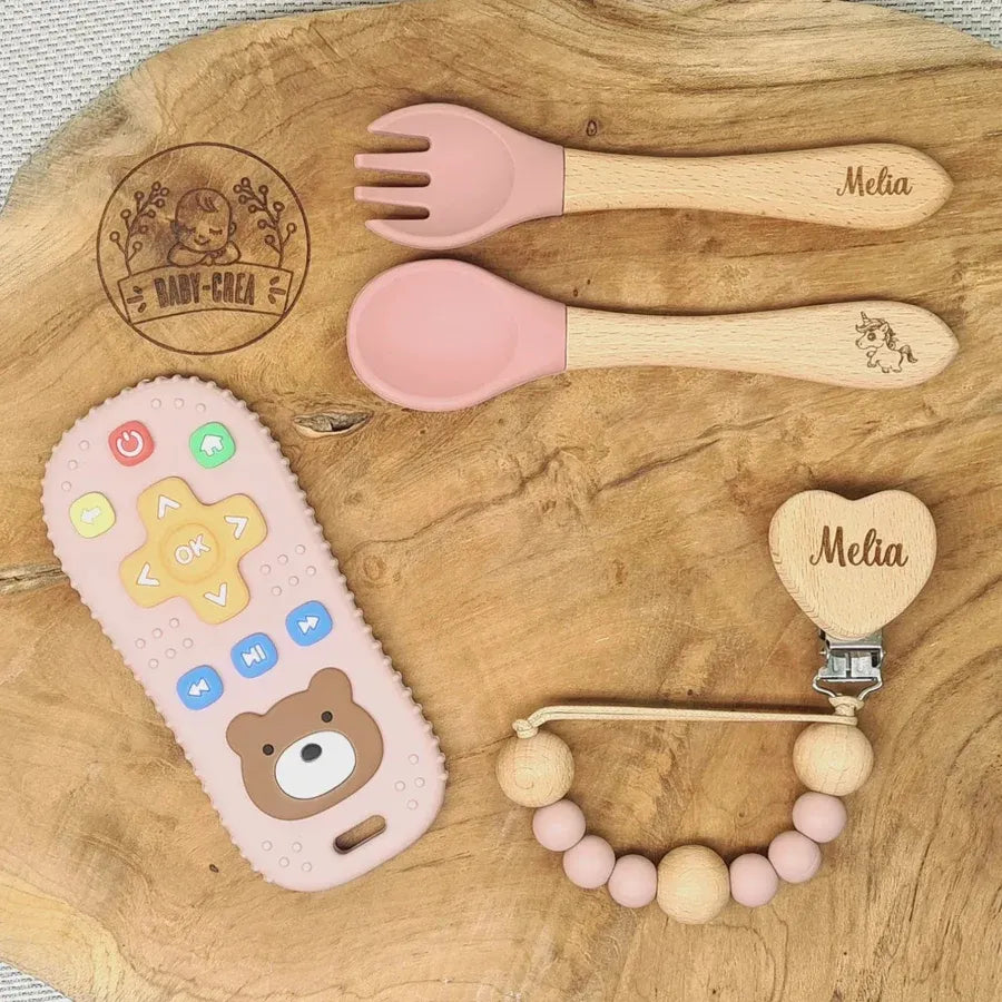 Baby-Crea Coffret naissance personnalisé coffret bébé rose pâle avec anneau télécommande