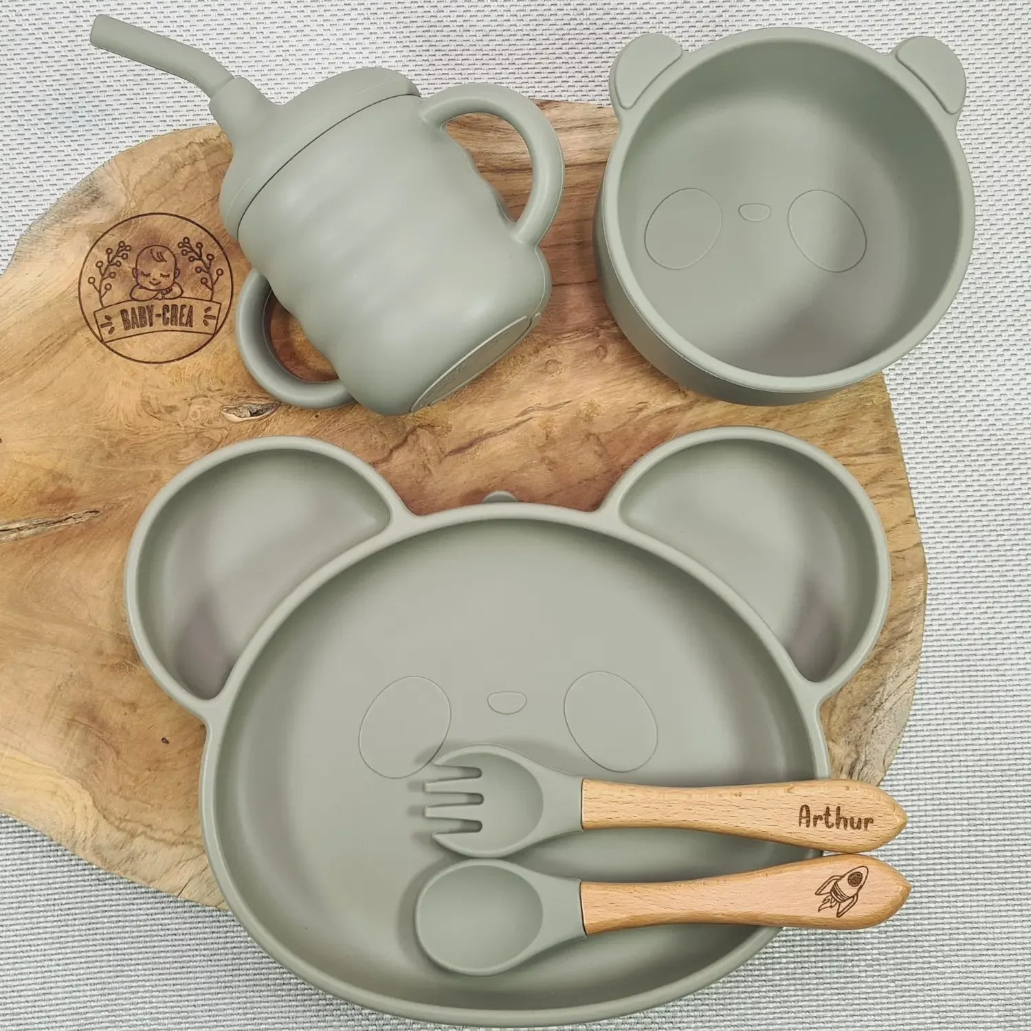 Baby-Crea Coffret naissance personnalisé Assiette Panda repas vert olive