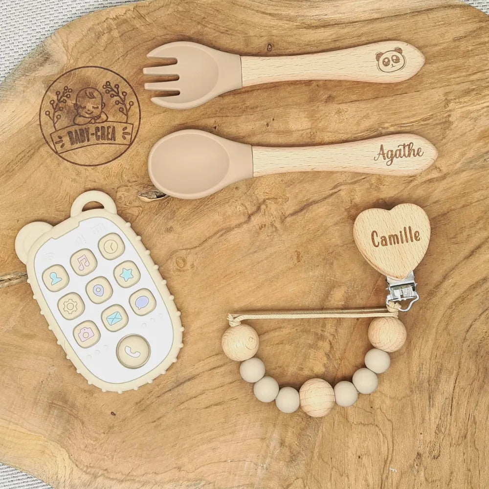 Baby-Crea Coffret naissance personnalisé couverts attache anneau pop-up Rose pâle