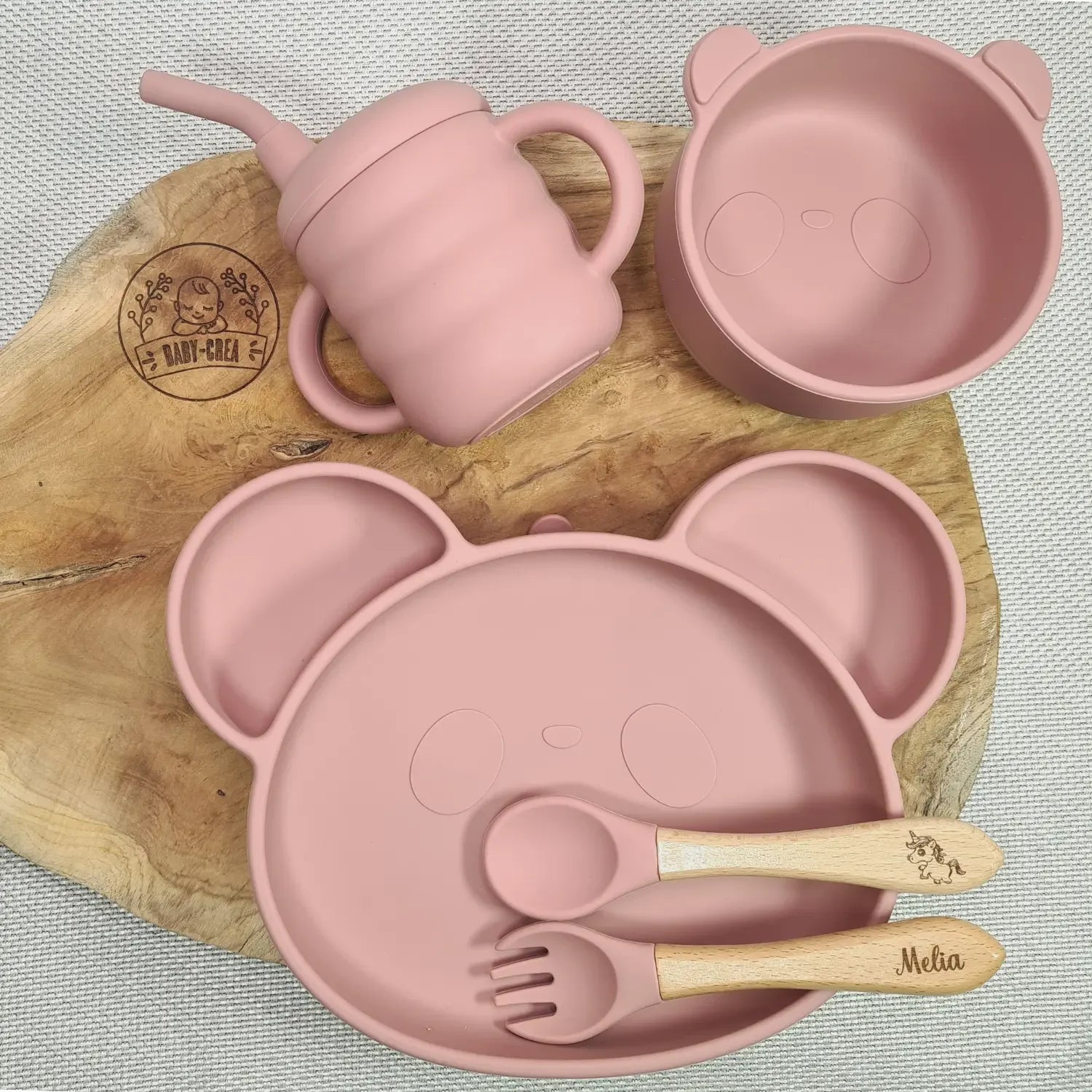 Baby-Crea Coffret naissance personnalisé Assiette Panda repas vert olive