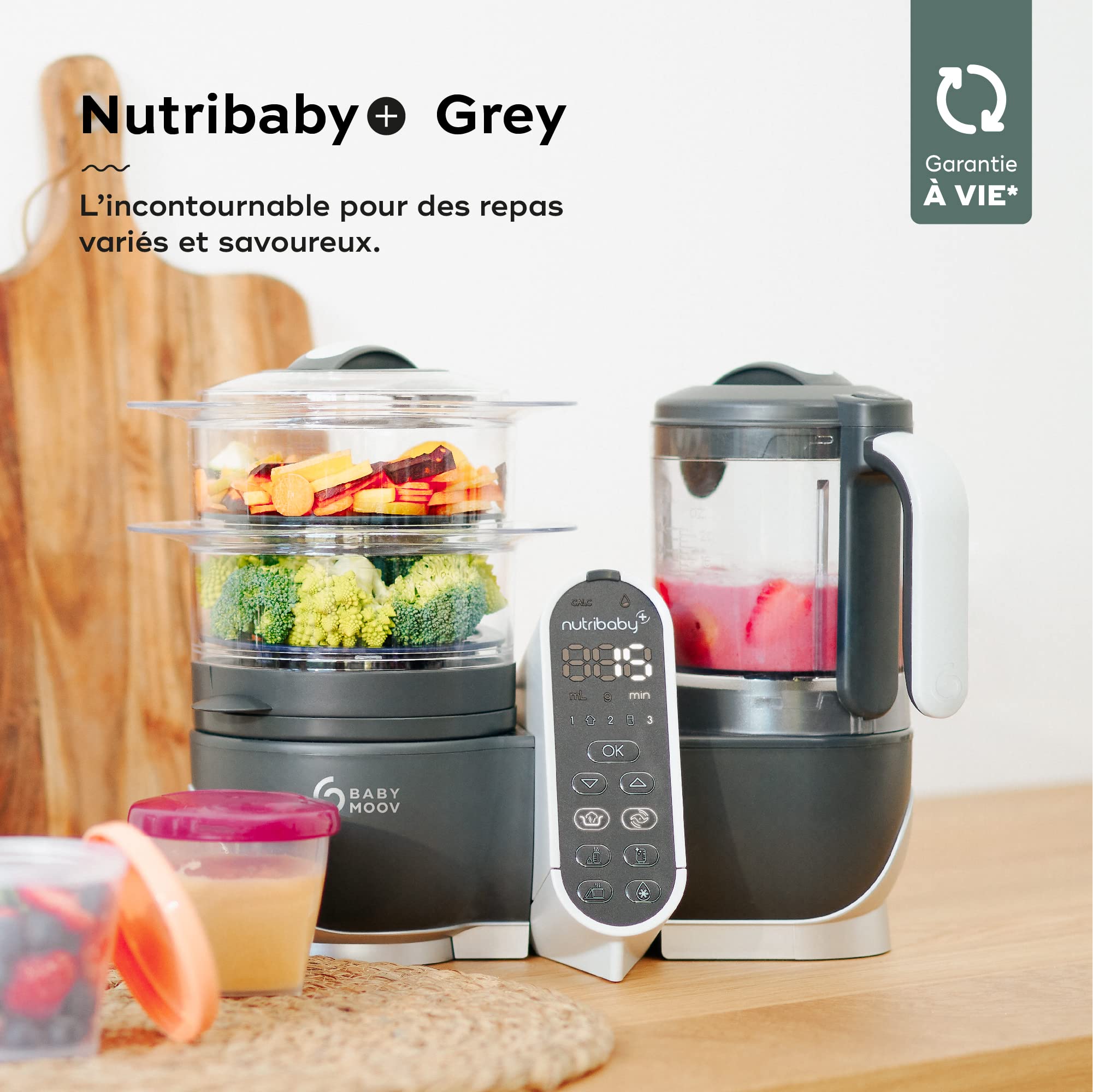 Babymoov Nutribaby(+) robot cuiseur bébé beige avec 6 pots en verre 250 ml