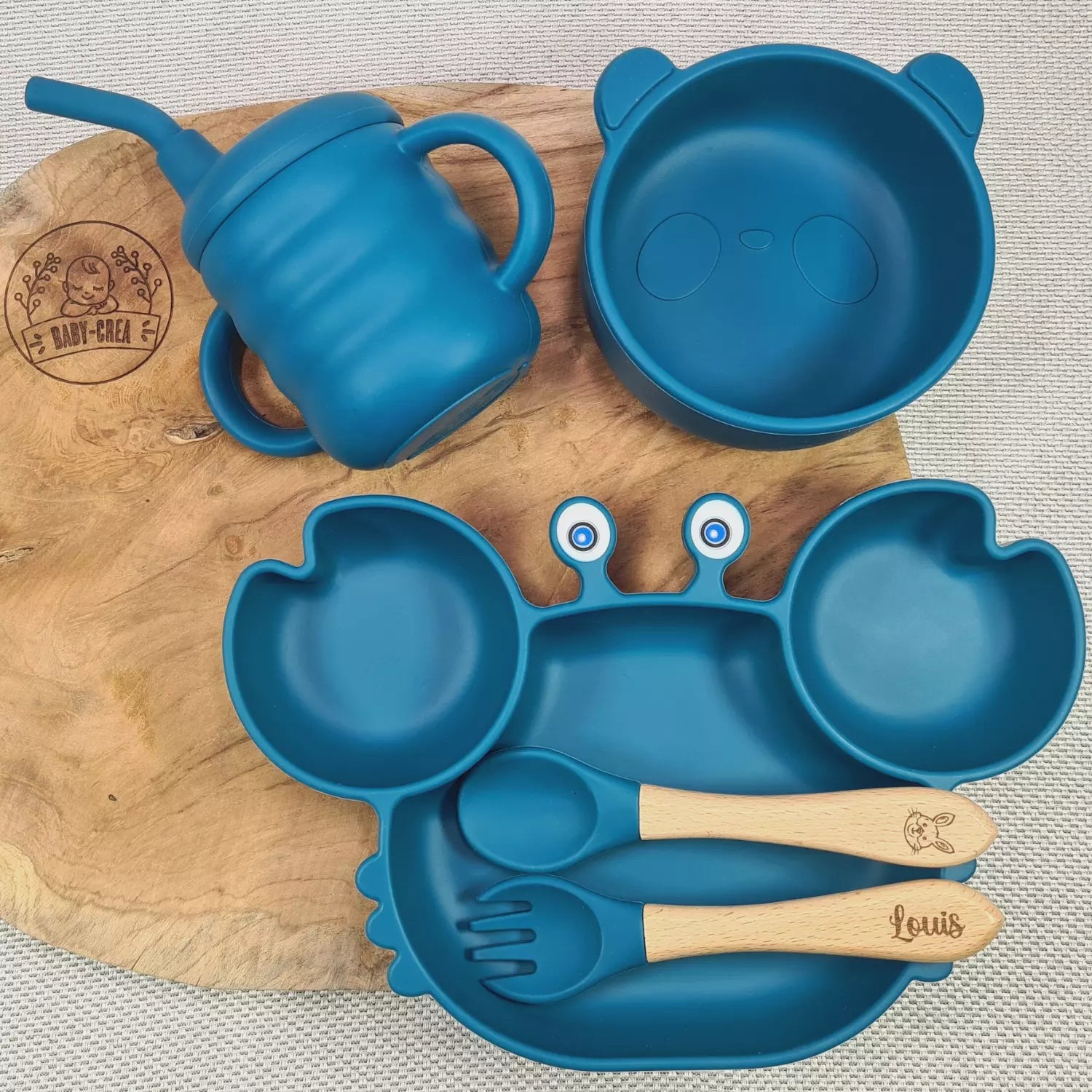 Baby-Crea Coffret repas bébé Modèle Crabe set repas vert olive personnalisé