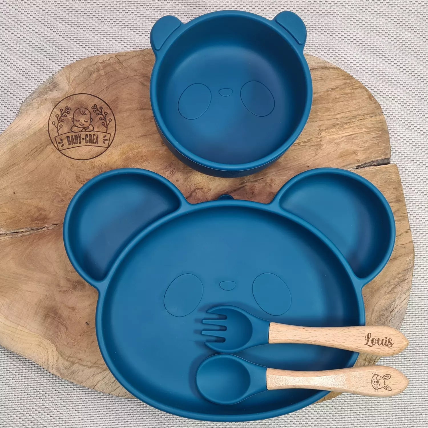 Baby-Crea Coffret repas bébé assiette panda bol panda bleu marine personnalisé