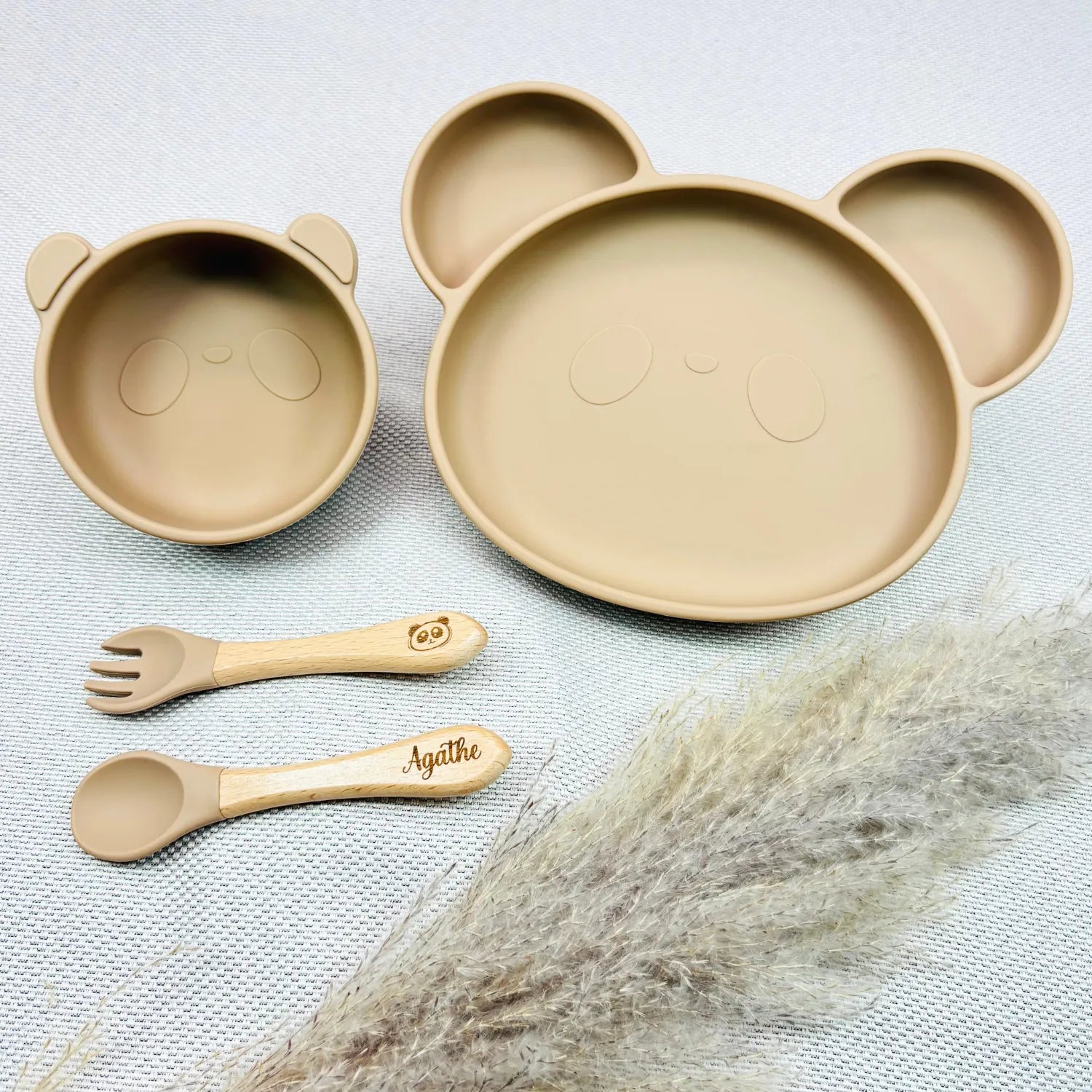 Baby-Crea Coffret repas bébé assiette panda bol panda bleu marine personnalisé