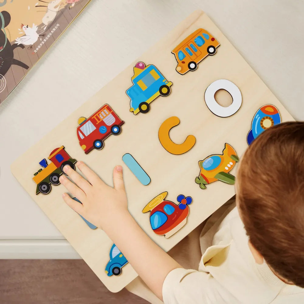 Baby-Crea Puzzle bébé en bois personnalisé puzzle prénom véhicules