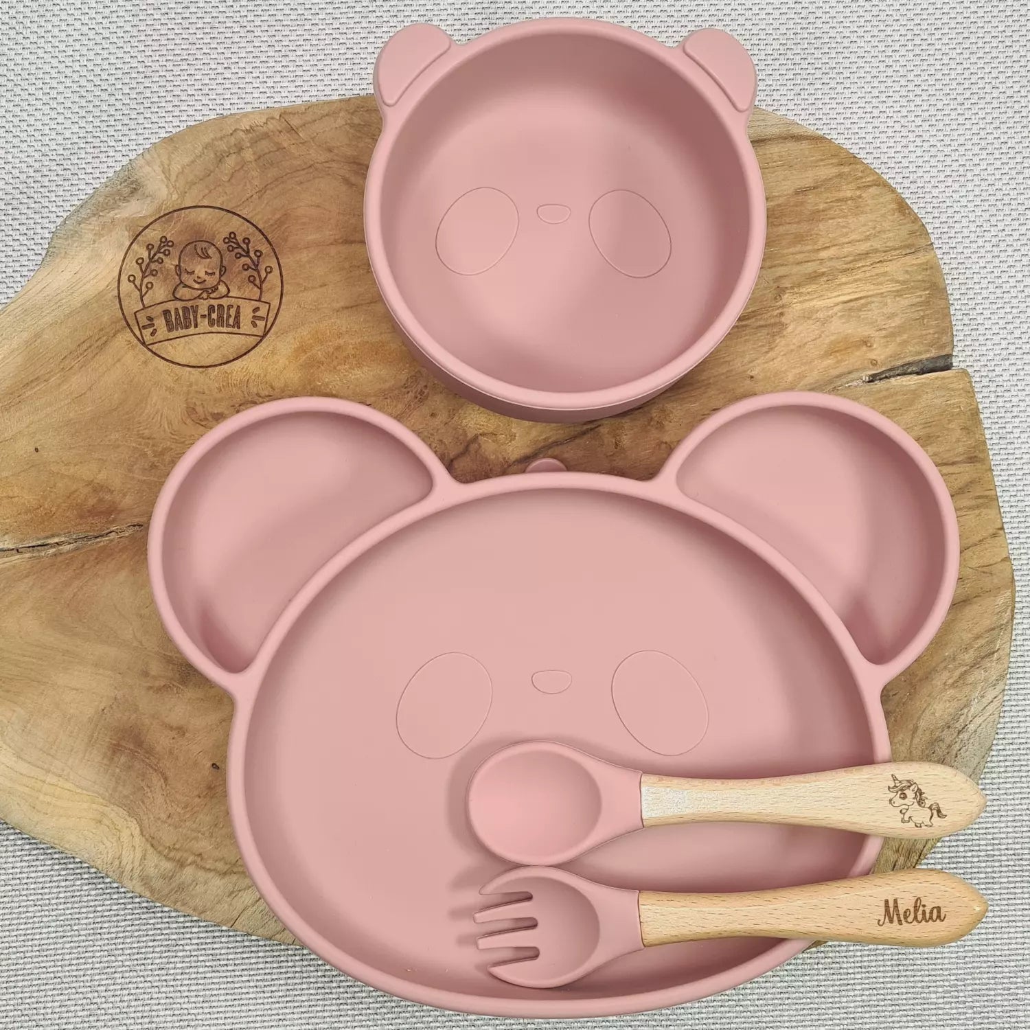 Baby-Crea Coffret repas bébé assiette panda bol panda bleu marine personnalisé