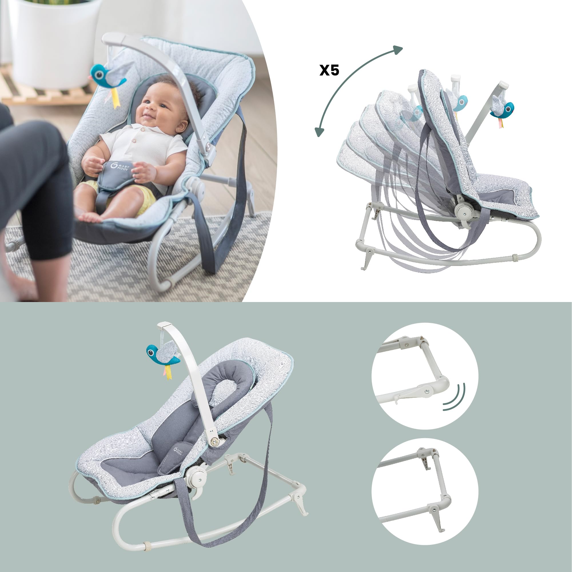 Babymoov Swoon Graphik transat bébé bleu fixe balancelle