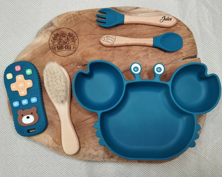 Baby-Crea Coffret naissance personnalisé assiette crabe Bleu marine