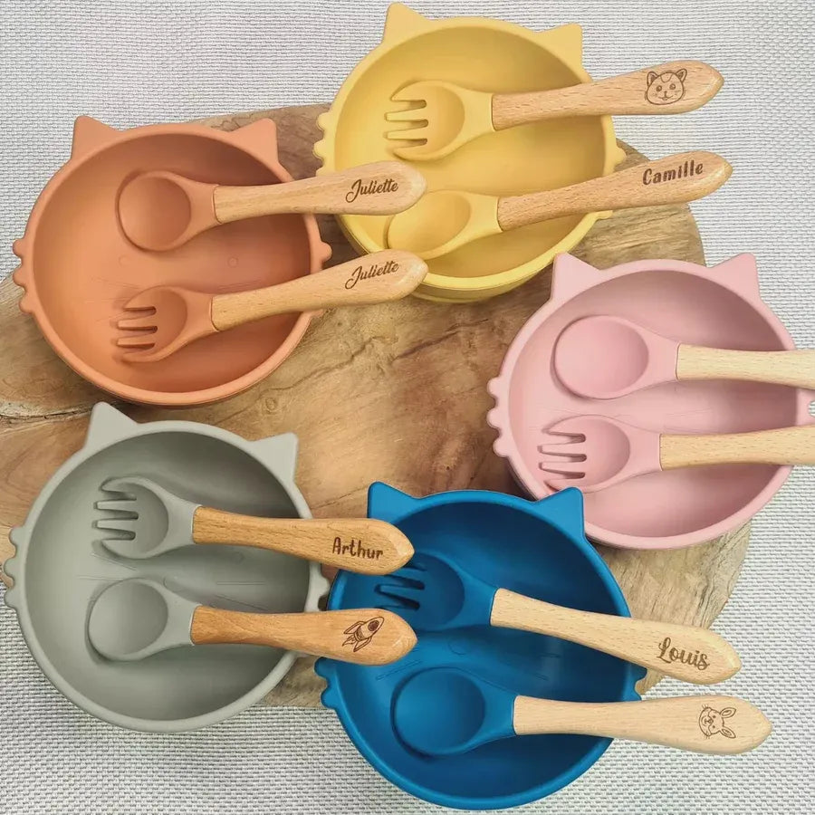 Baby-Crea Coffret repas bébé bol chat bleu marine avec couverts personnalisés