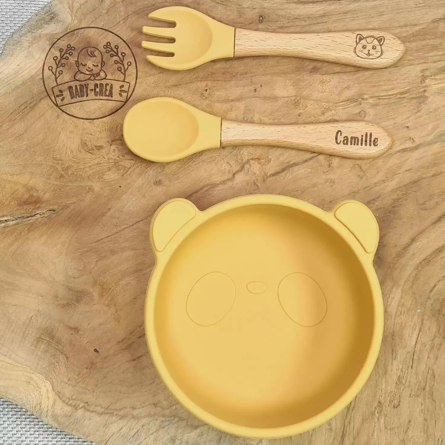 Baby-Crea Vaisselle Bébé Bol Panda à ventouse et couverts vert olive