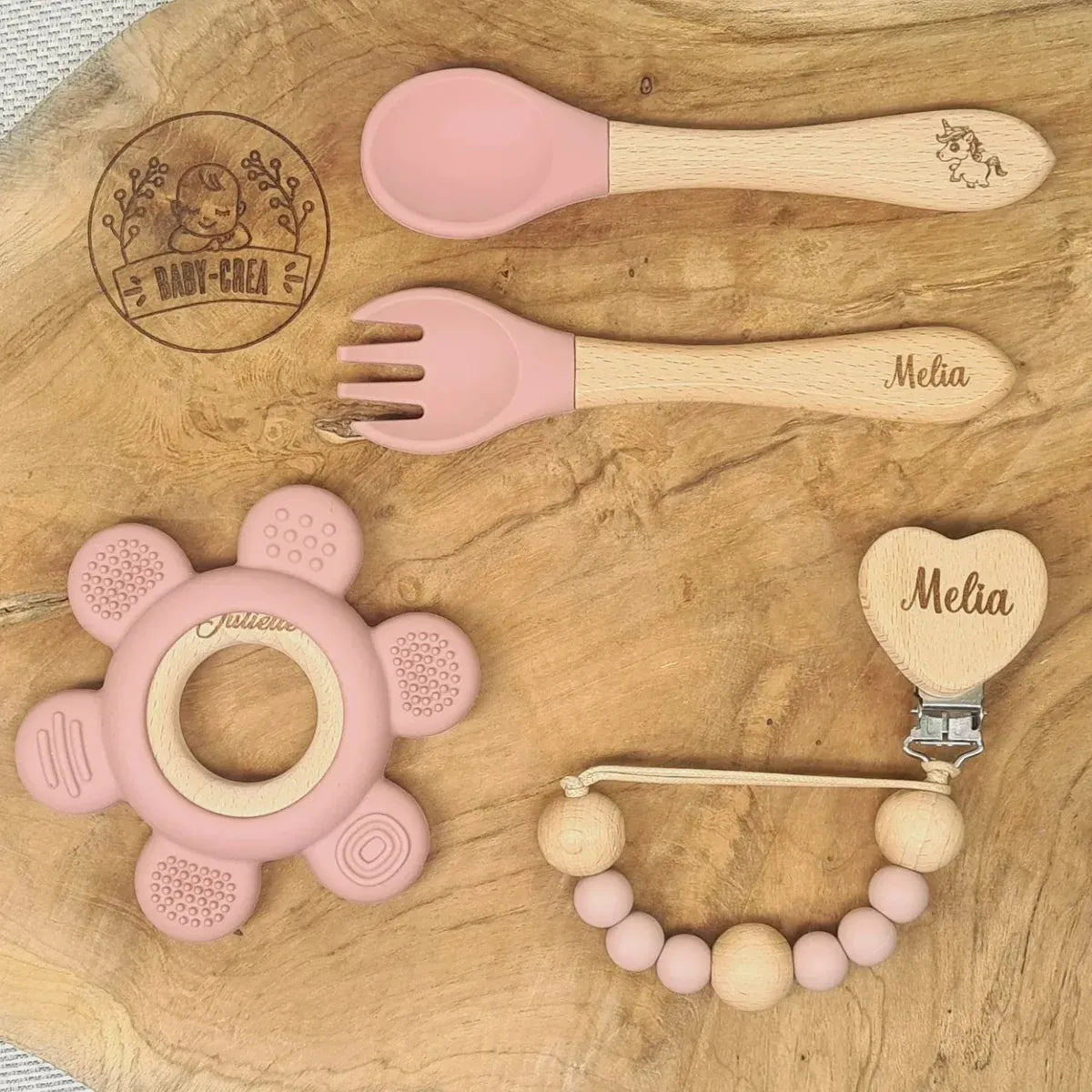 Baby-Crea Coffret naissance personnalisé couverts attache-tétine couronne Bleu marine