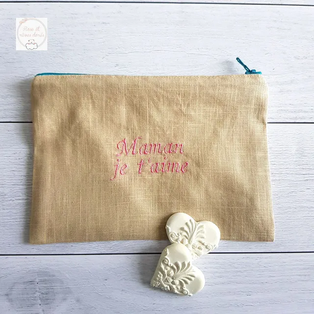 Rose et rêves dorés Pochettes et trousses diverses Maman je t’aime pochette brodée en lin