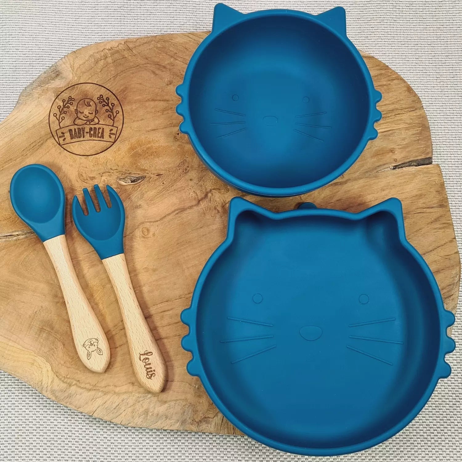 Baby-Crea Coffret repas bébé Chat bleu marine personnalisé