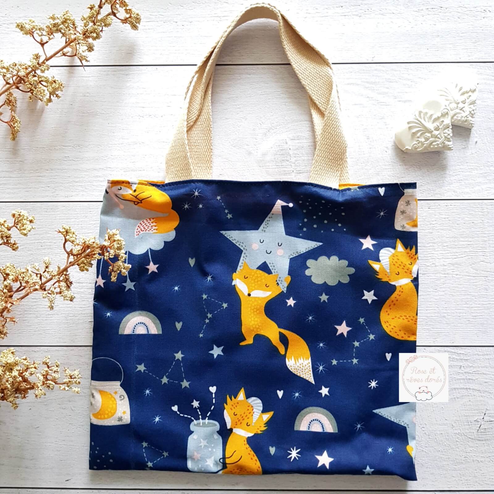 Rose et rêves dorés Sacs divers P’tit tote bag enfant Renard rêveur réversible