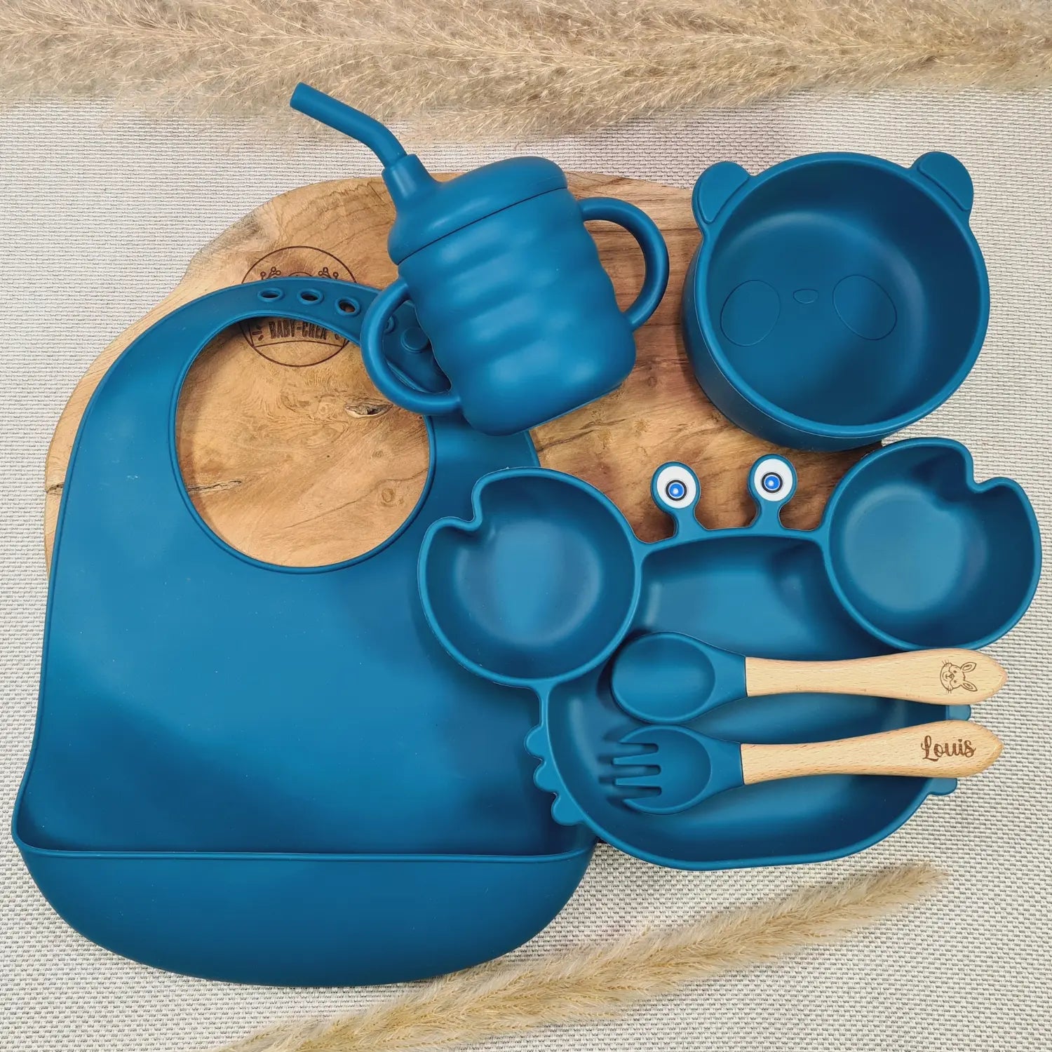 Baby-Crea Coffret repas bébé Crabe & Panda bleu marine personnalisé