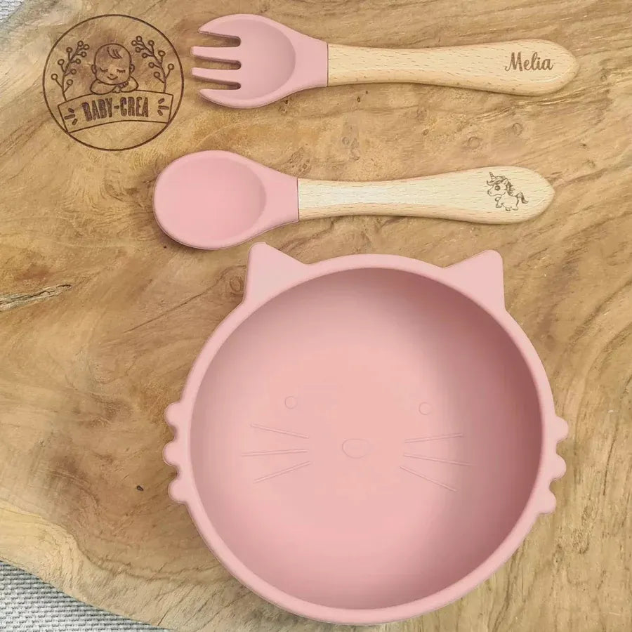 Baby-Crea Coffret repas bébé bol chat bleu marine avec couverts personnalisés