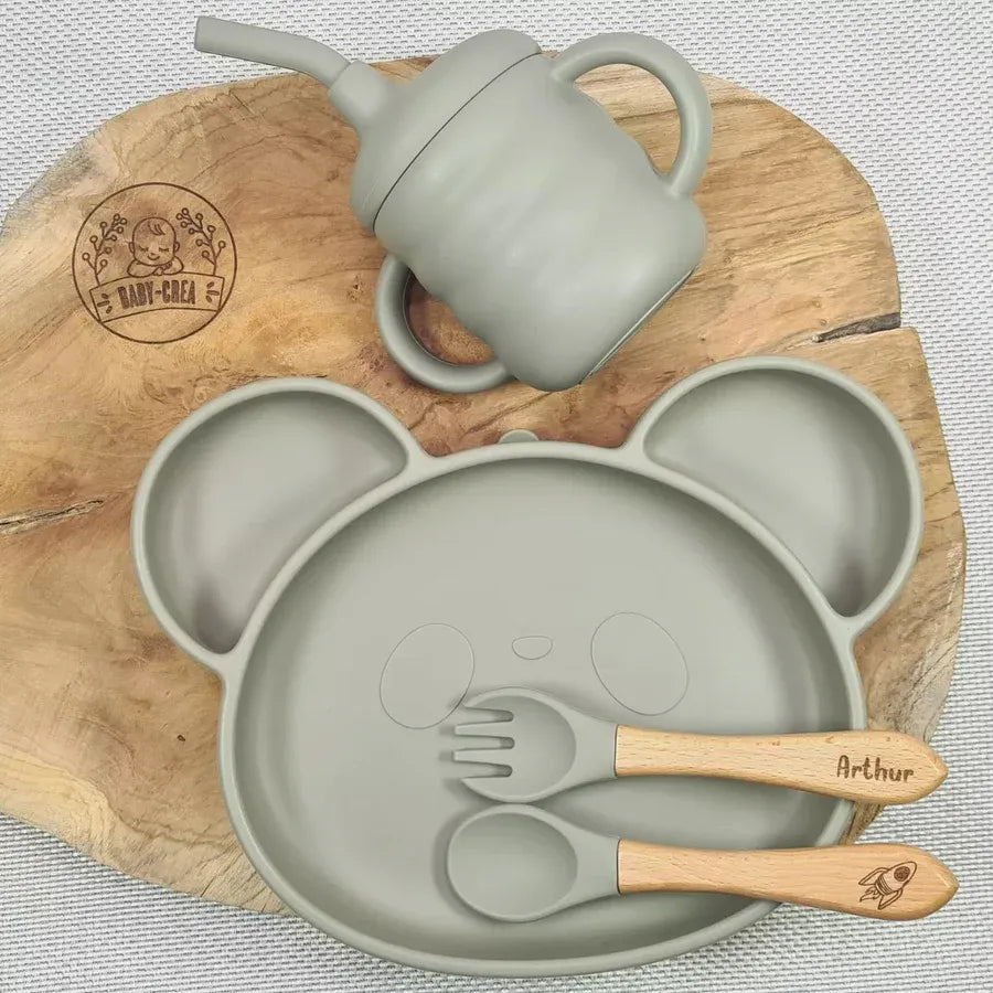 Baby-Crea Coffret repas bébé Coffret Repas Bébé Personnalisé Assiette Panda bleu marine