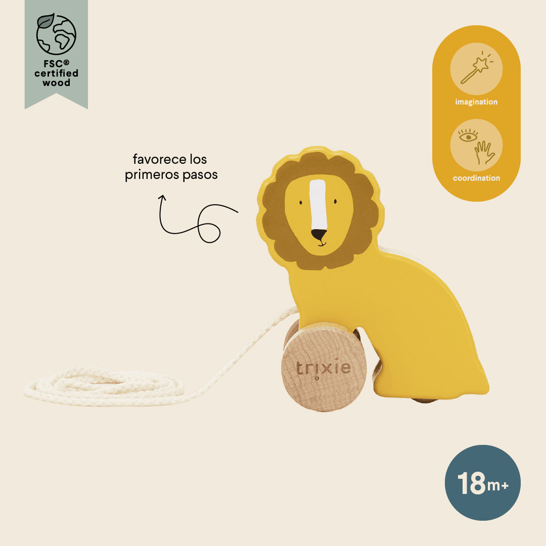Trixie Baby Jouets à pousser et à tirer Petit jouet à tirer en bois Mr. Lion