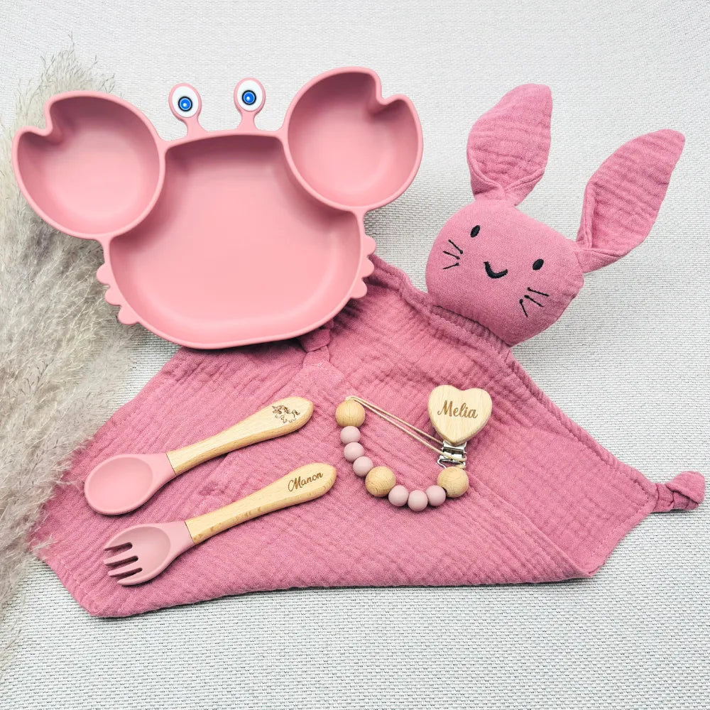 Baby-Crea Coffret repas bébé assiette crabe vert olive personnalisé