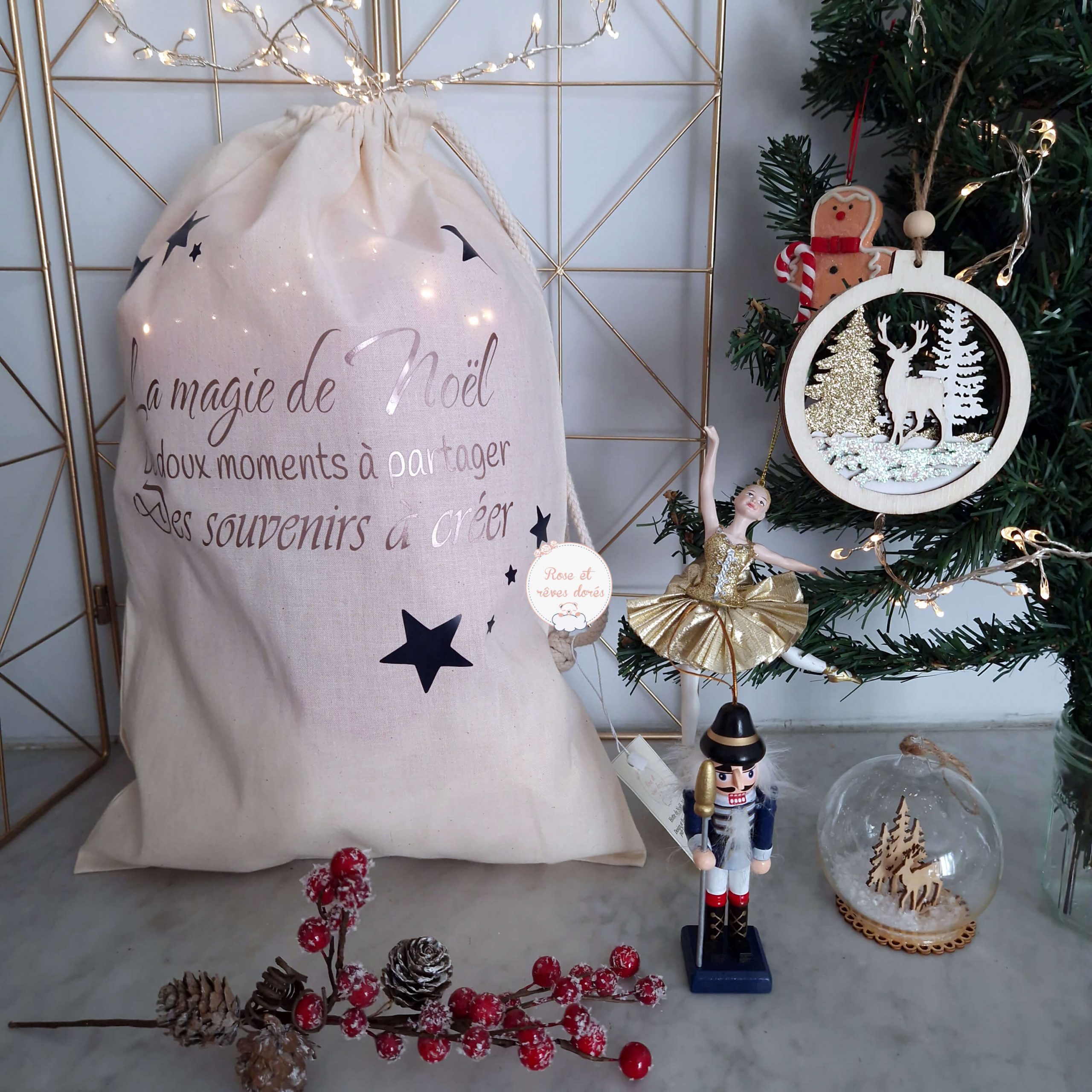 Rose et rêves dorés Noël hotte de Noël personnalisable pour cadeaux