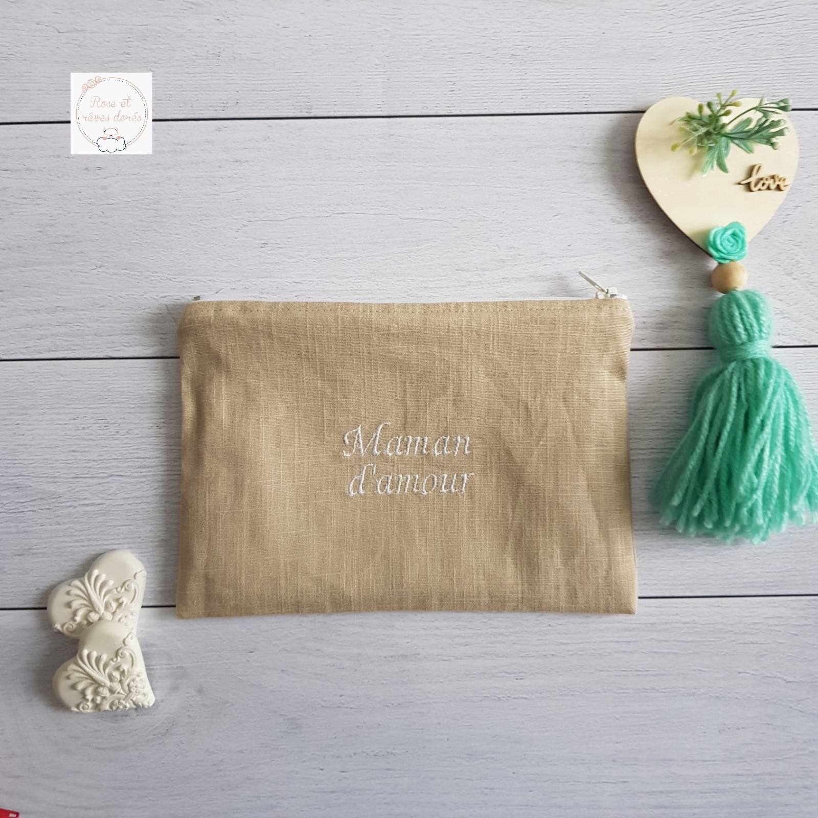 Rose et rêves dorés Pochettes et trousses diverses Pochette brodée Maman d’amour