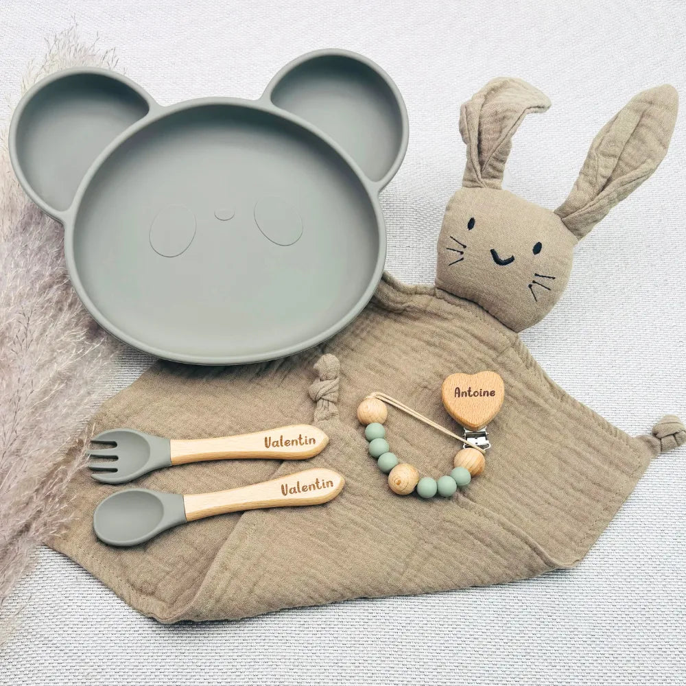 Baby-Crea Coffret repas bébé Ourson vert olive personnalisé