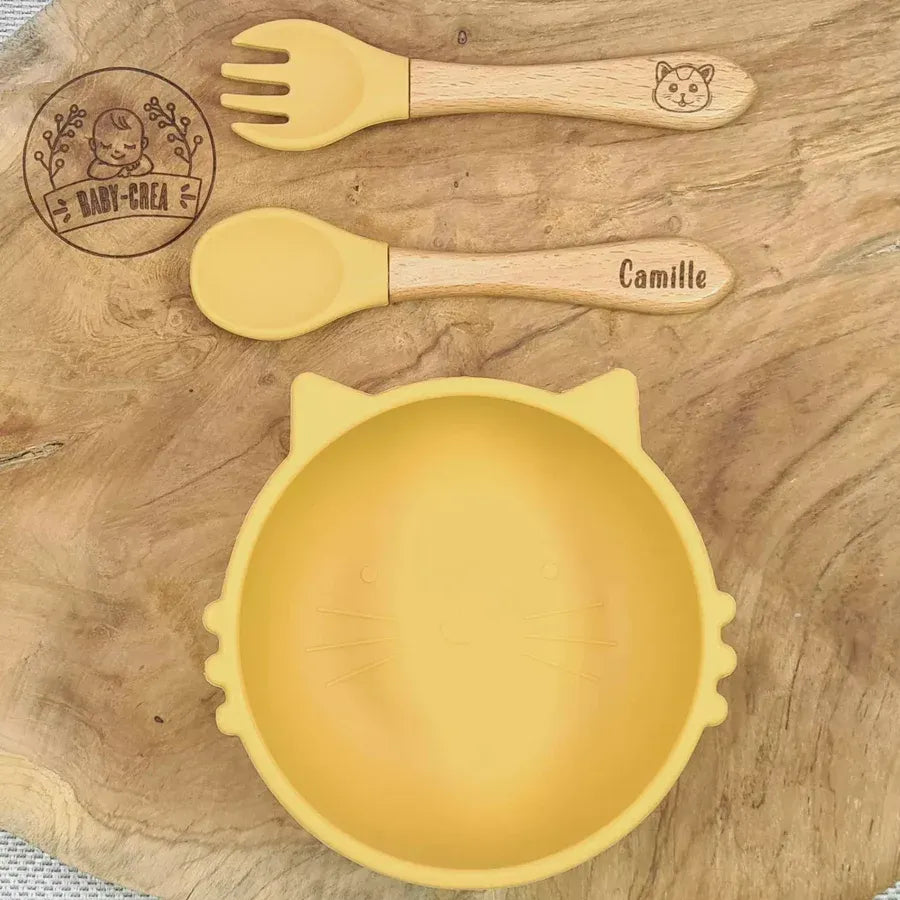 Baby-Crea Coffret repas bébé bol chat bleu marine avec couverts personnalisés