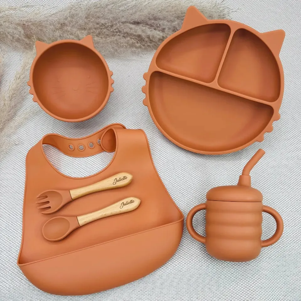 Baby-Crea Coffret repas bébé Assiette Chat personnalisé bleu marine