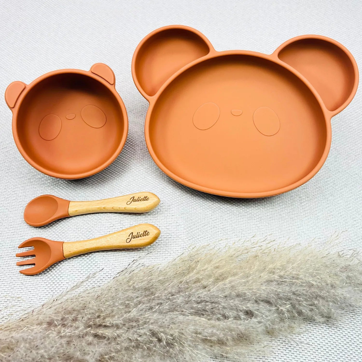 Baby-Crea Coffret repas bébé assiette panda bol panda bleu marine personnalisé