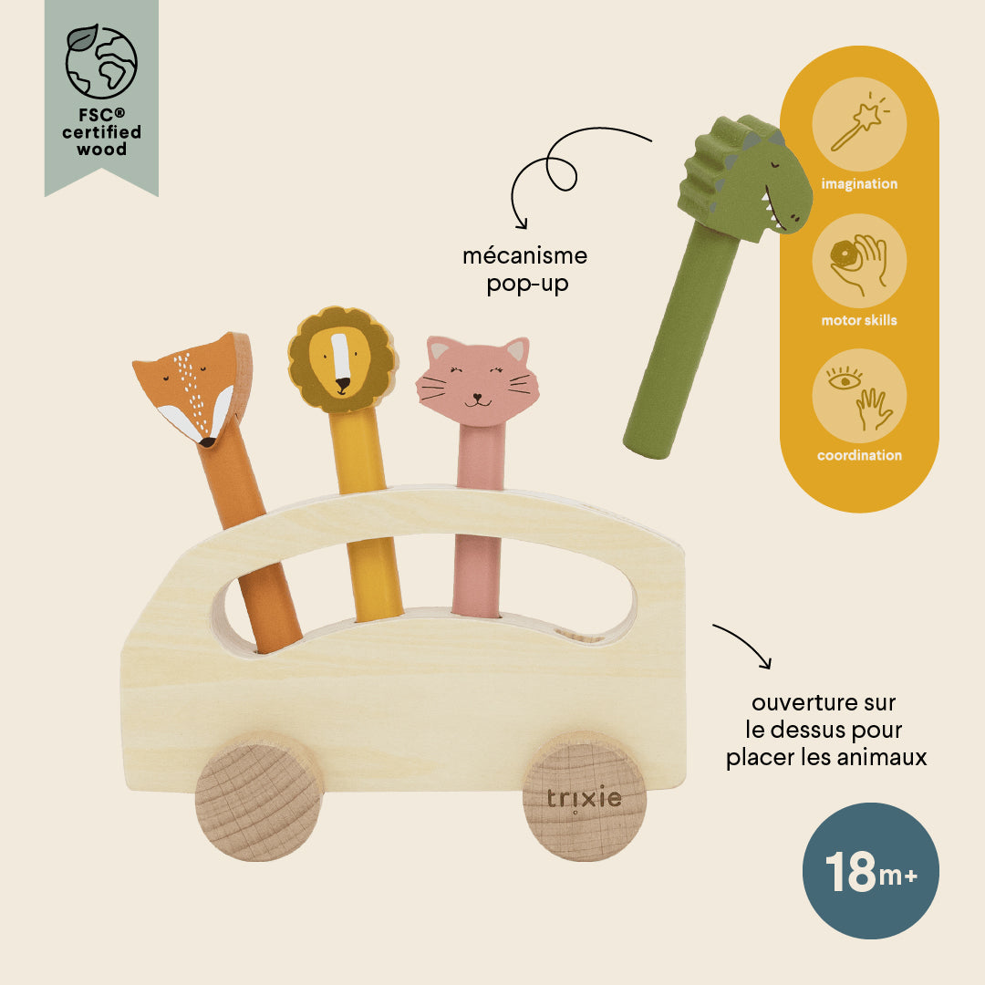 Trixie Baby Jouets à roulettes bus en bois avec animaux pop-up