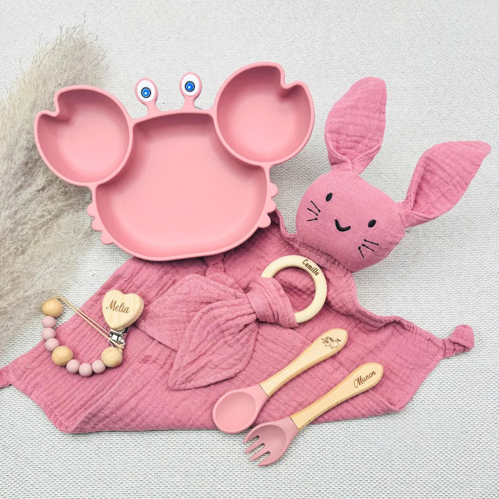Baby-Crea Coffret repas bébé assiette crabe rouge tomette personnalisé