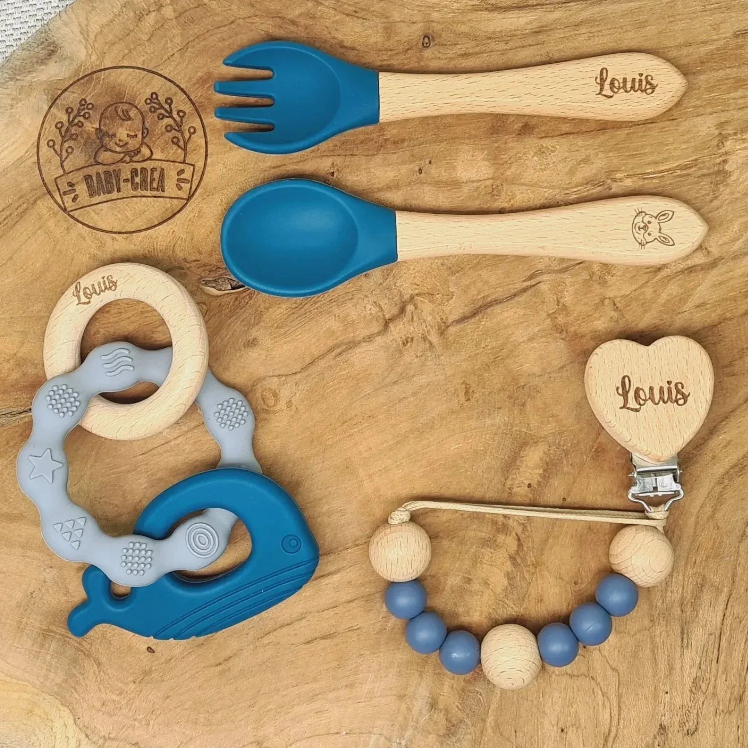 Baby-Crea Coffret naissance personnalisé couverts bébé bleu marine prénom