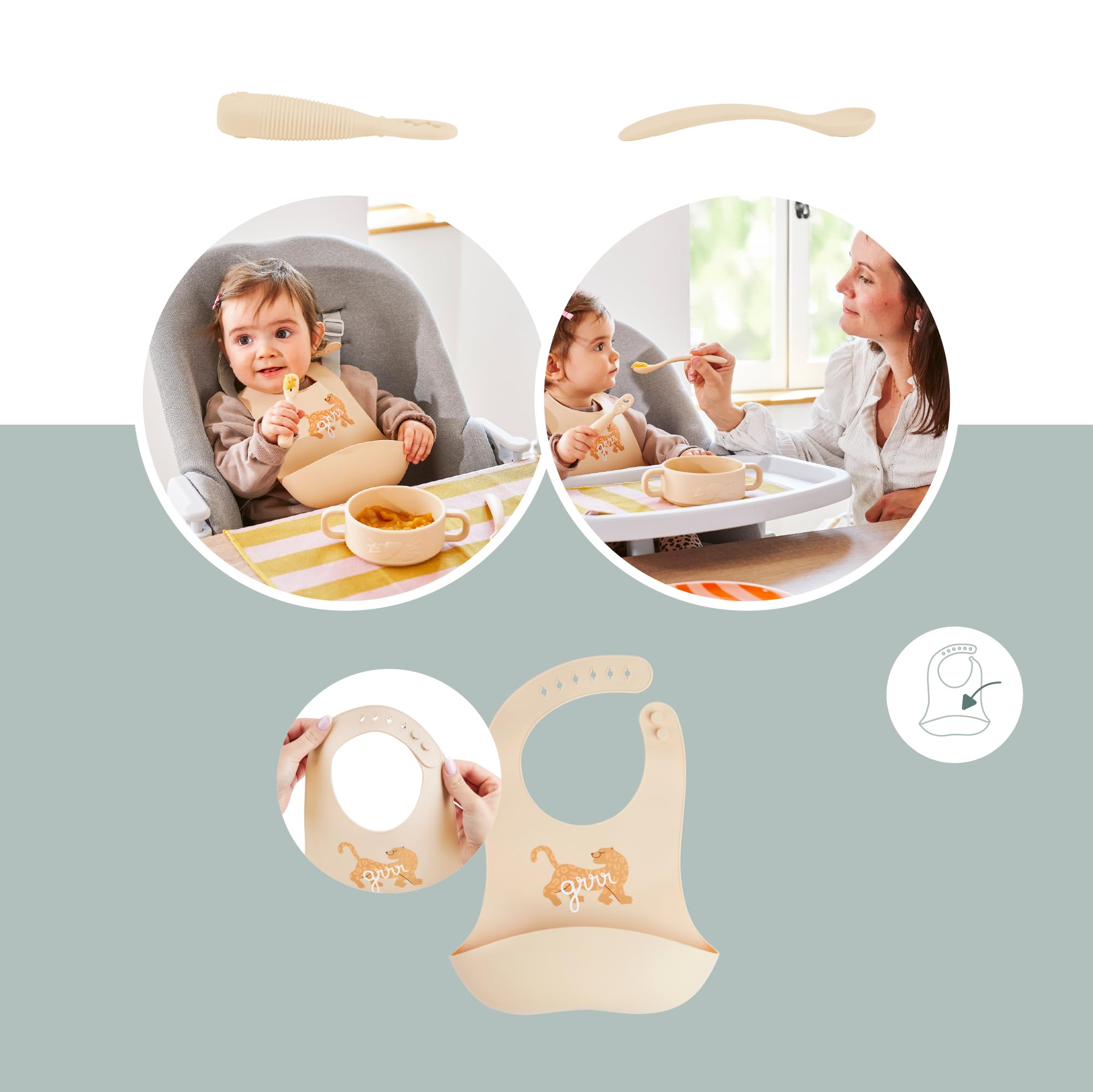 Babymoov coffret premiers repas bébé en silicone Mini Roar beige