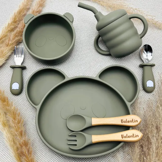 Baby-Crea Coffret repas bébé set repas ours vert olive personnalisé