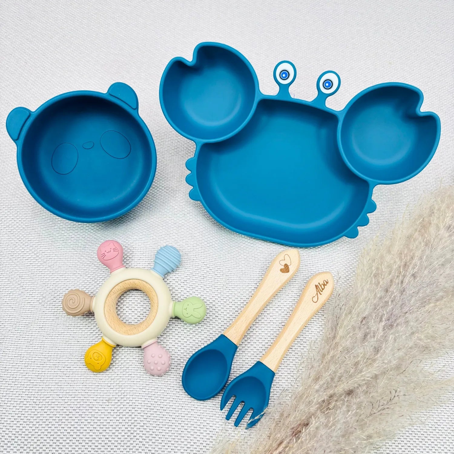 Baby-Crea Coffret repas bébé Coffret Repas Bebe Crabe Personnalise vert olive silicone