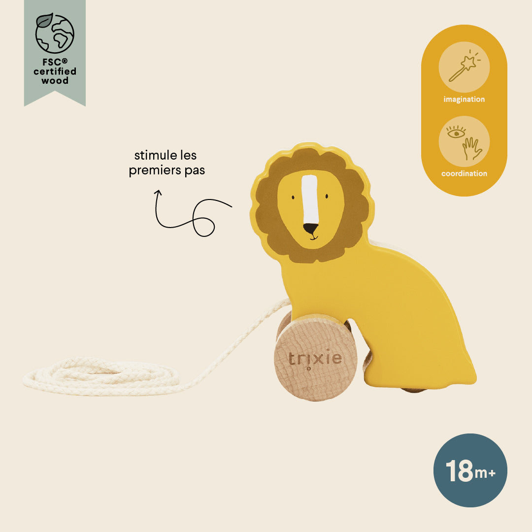 Trixie Baby Jouets à pousser et à tirer Petit jouet à tirer en bois Mr. Lion