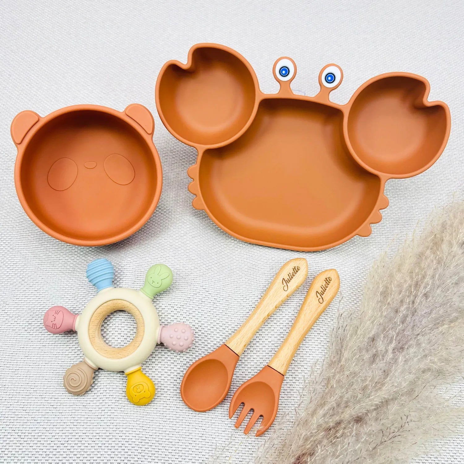 Baby-Crea Coffret repas bébé Coffret Repas Bebe Crabe Personnalise vert olive silicone