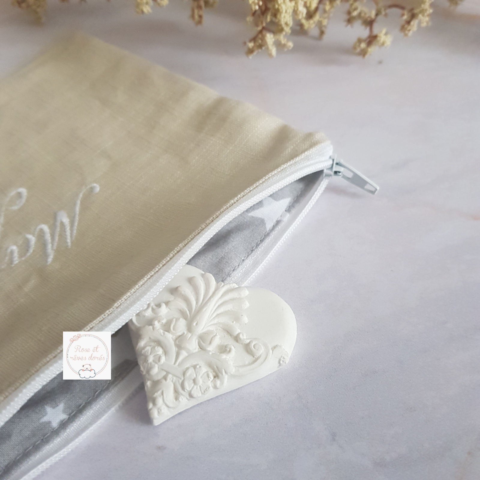 Rose et rêves dorés Pochette Maman chérie en lin et coton