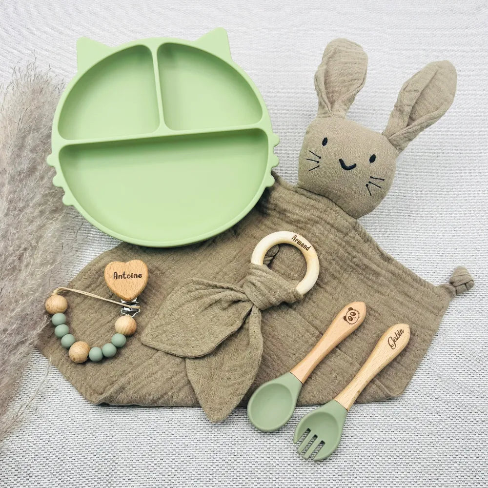Baby-Crea Coffret repas bébé coffret repas vert olive avec doudou