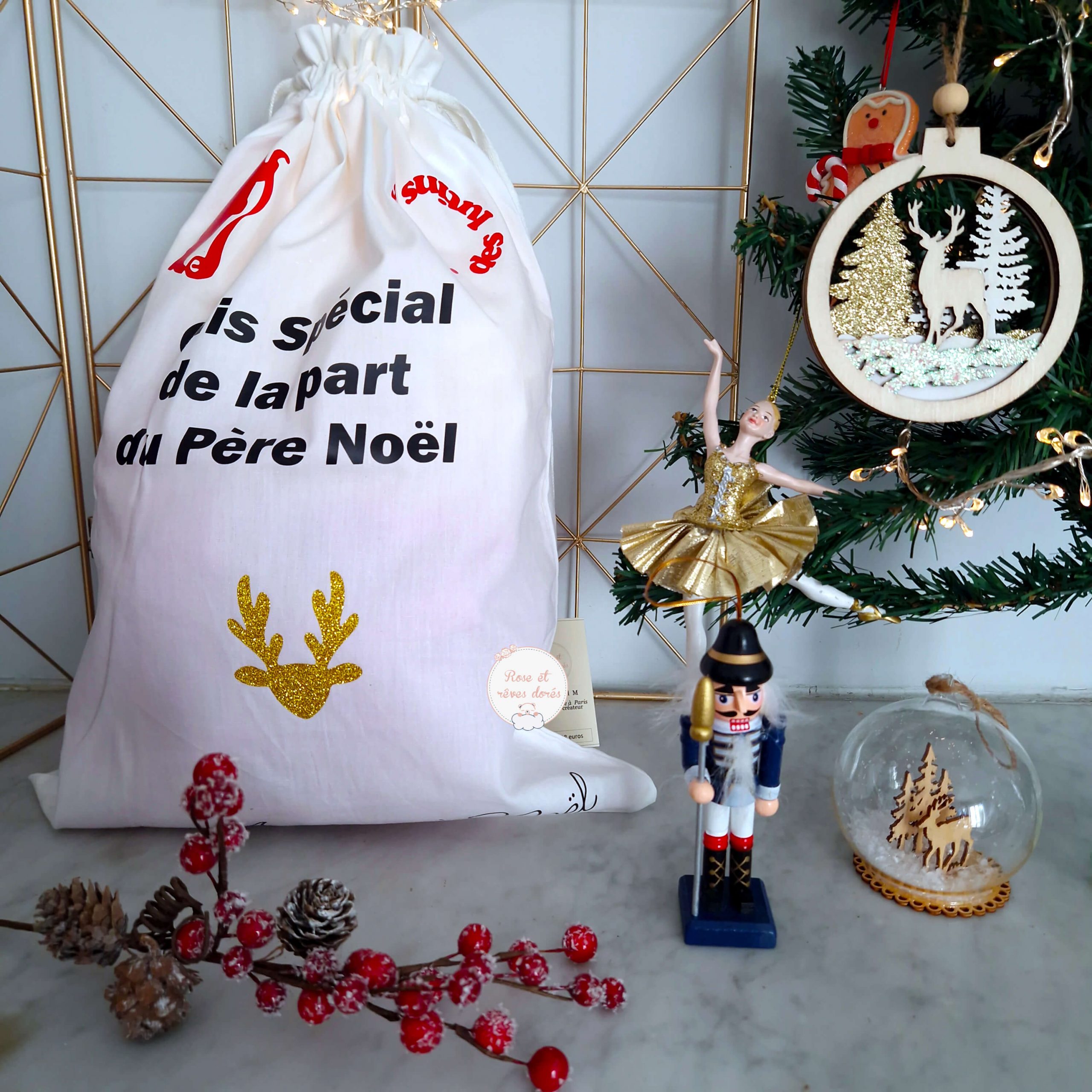 Rose et rêves dorés Noël Hotte de Noël personnalisable prénom réutilisable