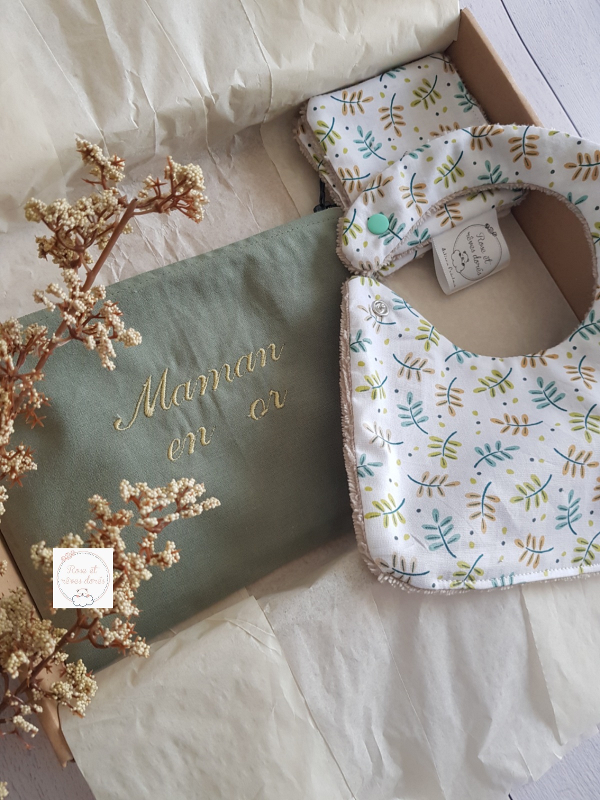Rose et rêves dorés Coffret Maman Bébé cadeau naissance assorti