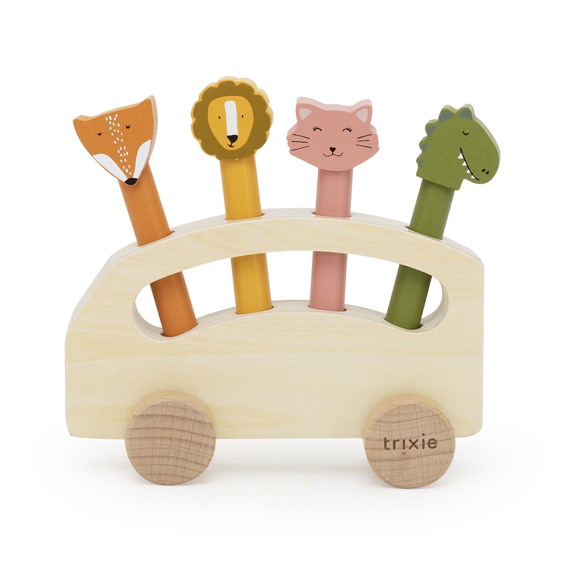Trixie Baby Jouets à roulettes bus en bois avec animaux pop-up