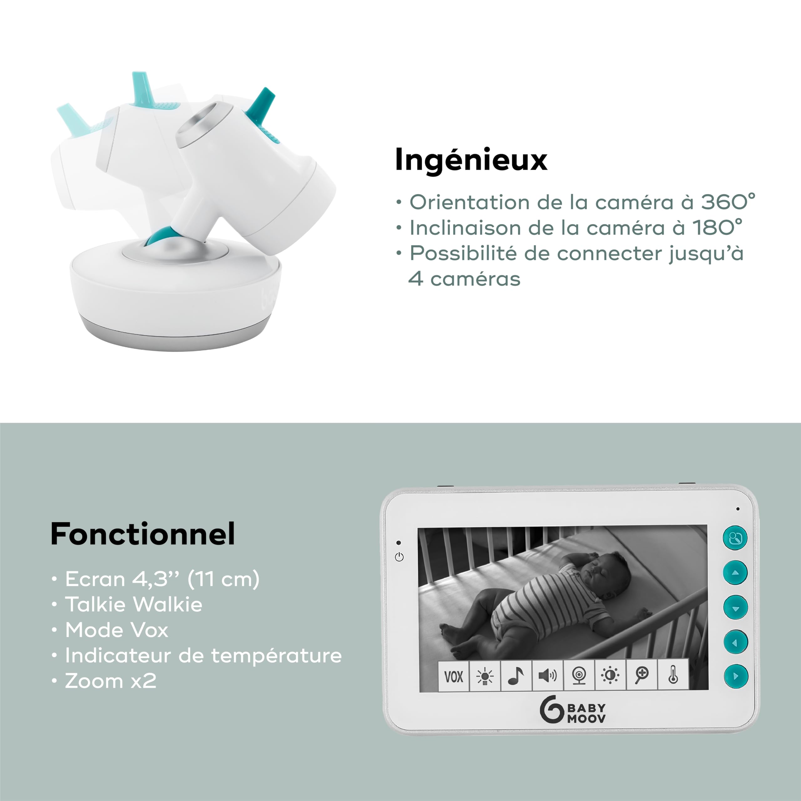 Babymoov YOO Moov babyphone vidéo caméra motorisée, écran 4,3 pouces