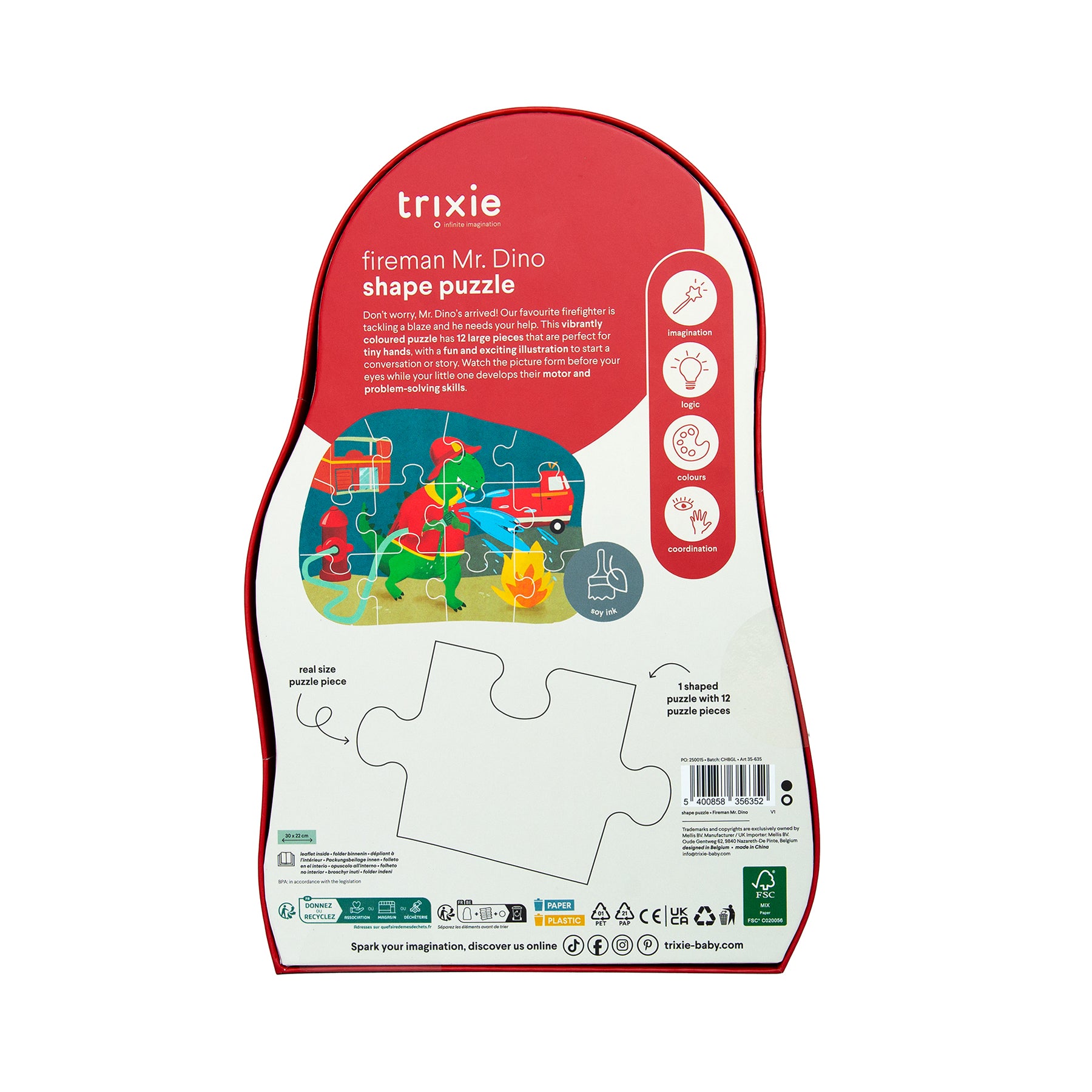 Trixie Baby Jeux, puzzles & livres Puzzle à forme Pompier Mr. Dino 12 pièces