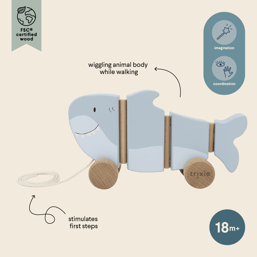 Trixie Baby Jouets à pousser et à tirer Mr. Shark jouet à tirer en bois