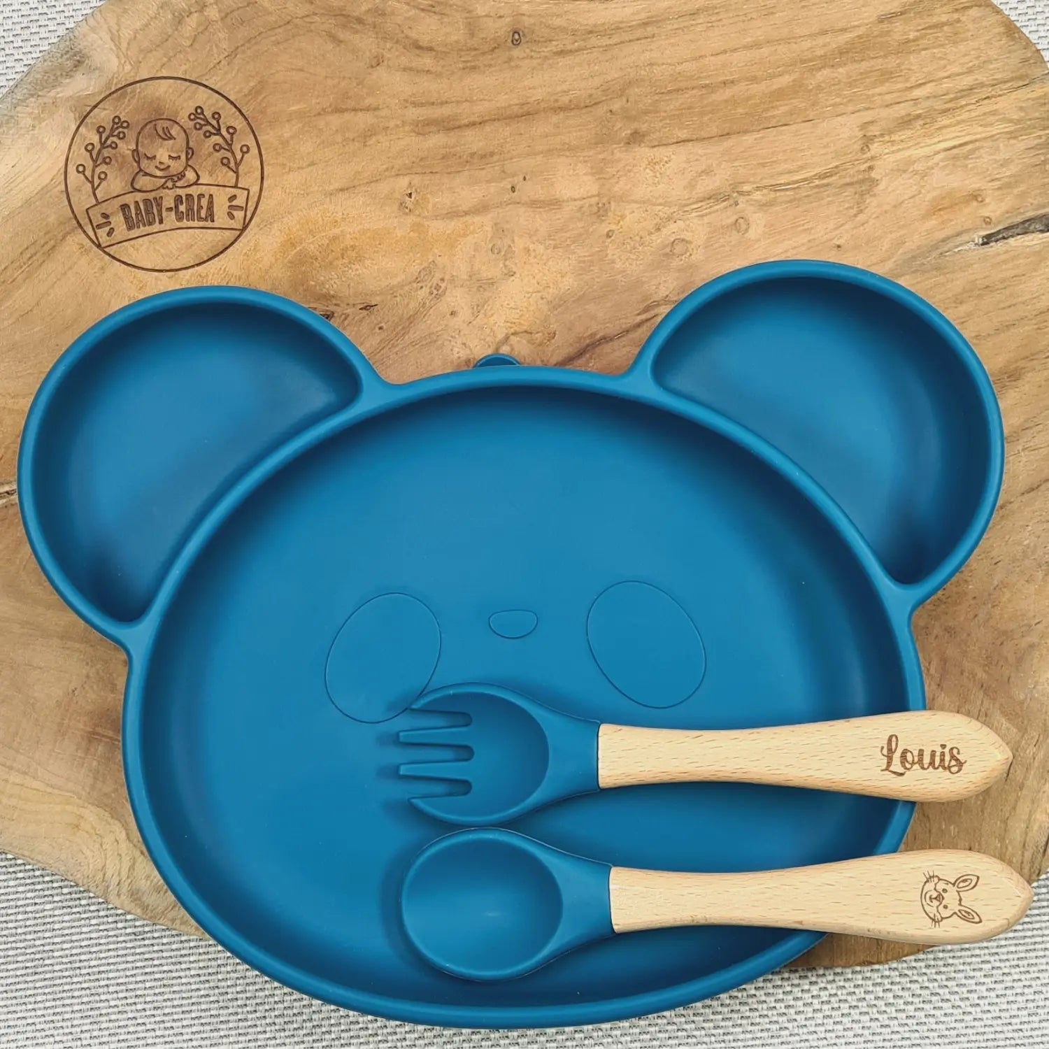 Baby-Crea Coffret repas bébé assiette panda et couverts Bleu marine