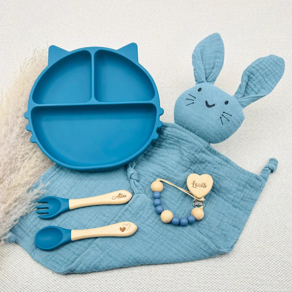 Baby-Crea Coffret repas bébé assiette chat vert olive personnalisé